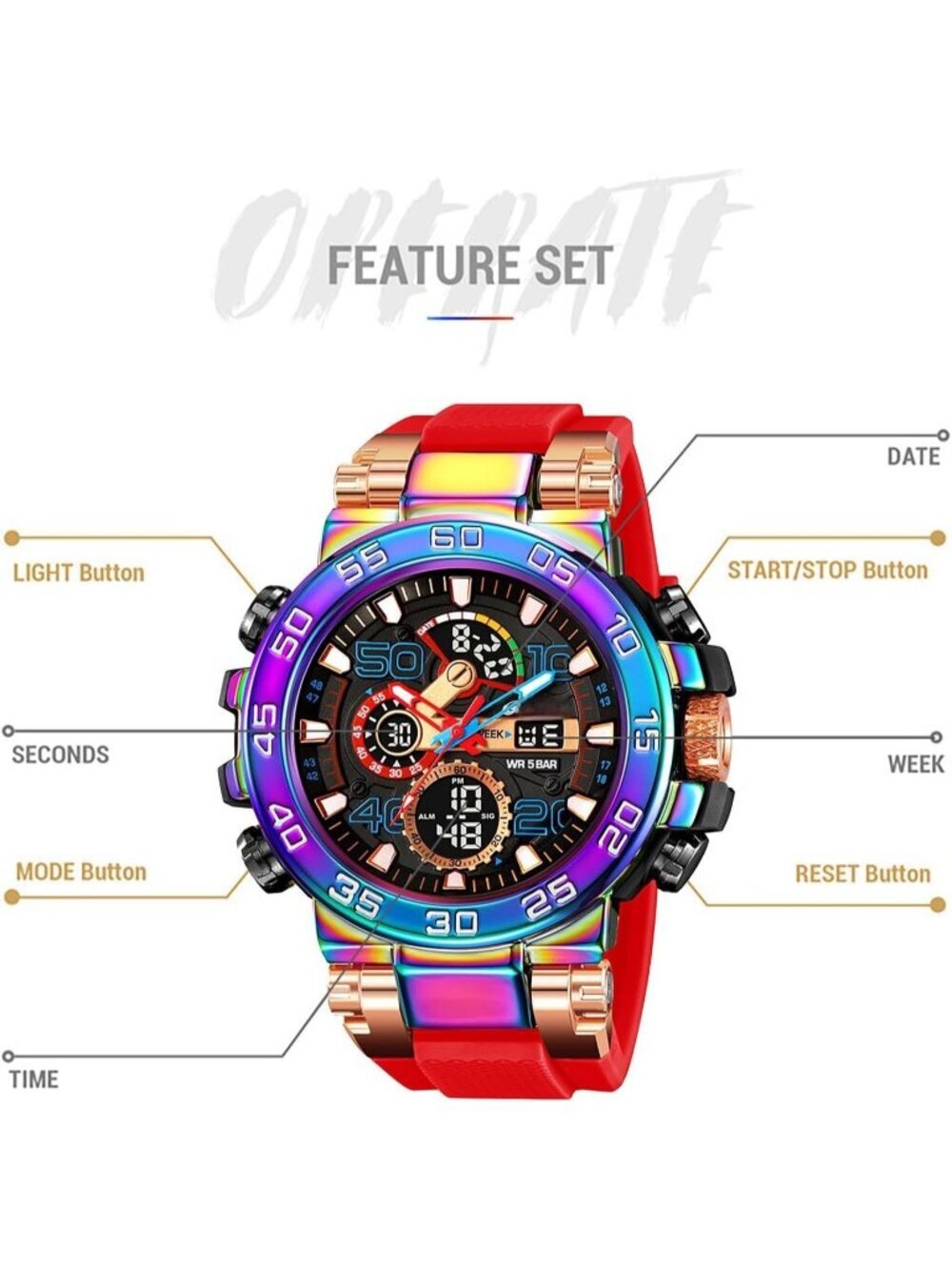Men's Red Analog Quartz Waterproof Sports Outdoor Military LED Digital Watch - Picture 5 of 6